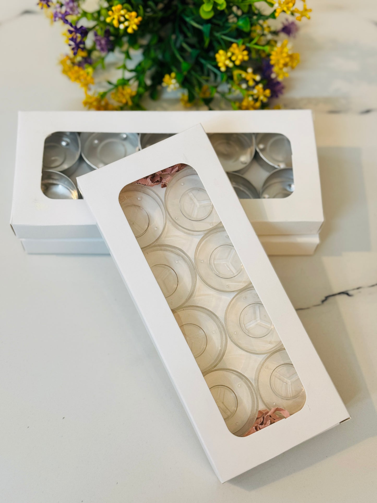 White Tealight Paper Box | T-light paper box | 180x87x18 MM | Kaju Katli Box | Daisy Candle Box