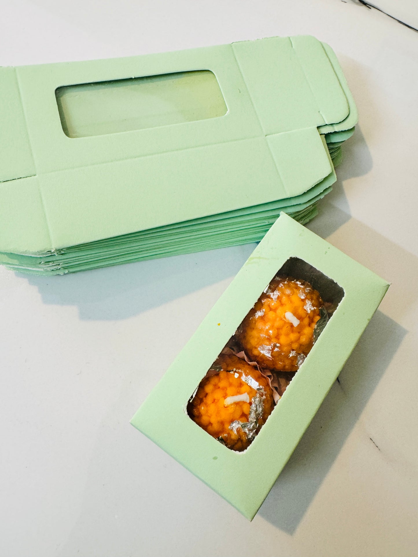 Green 2 in 1 Box |2 pc Ladoo box | 2 pc Mini Bubble Candle box | Car Perfume Box