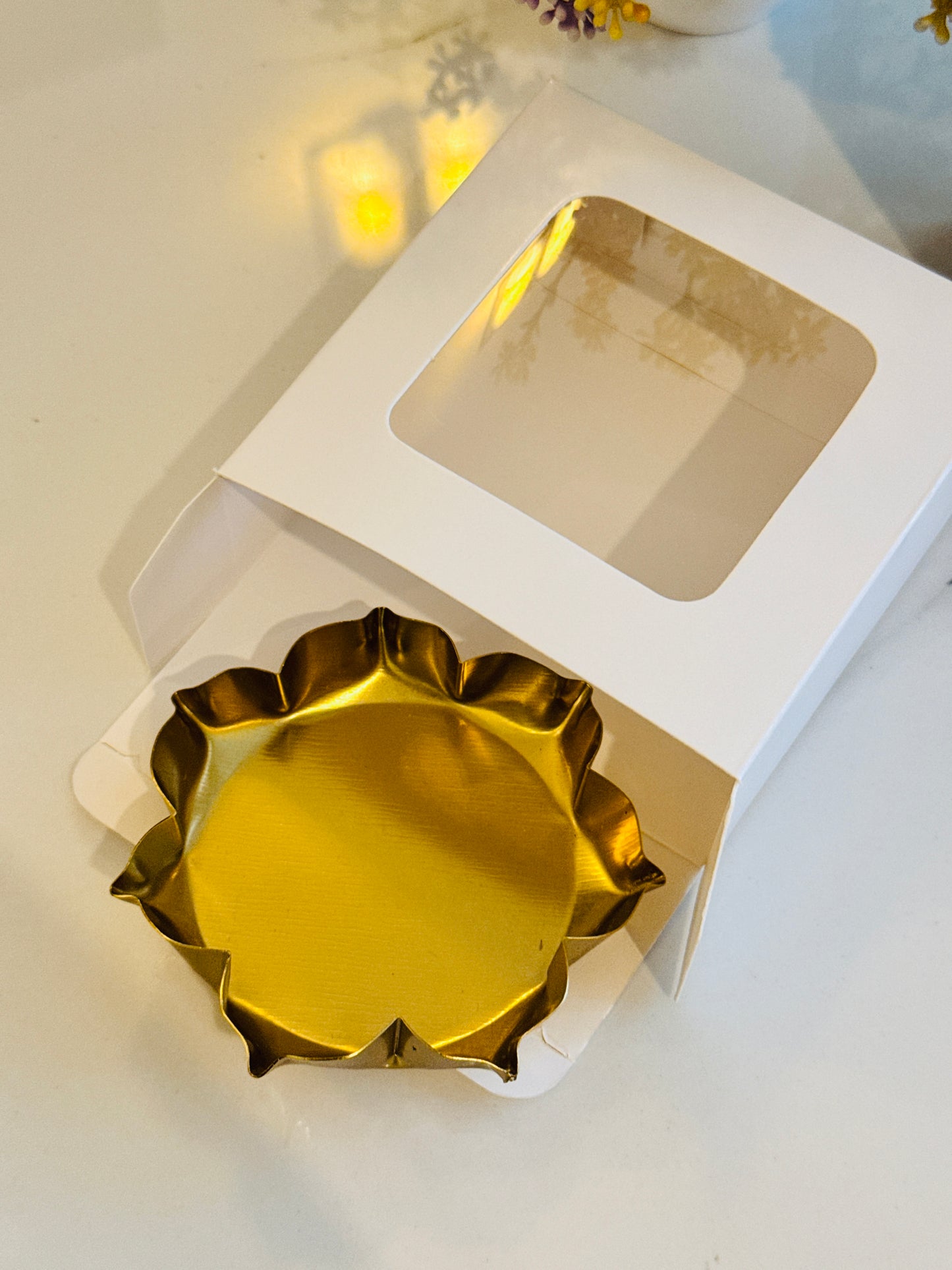4 in 1 white paper box | 4 mini bubble candle box | 4 ladoo candle white box | 3.5 inch Urli white box | 4x4x1.6 inch