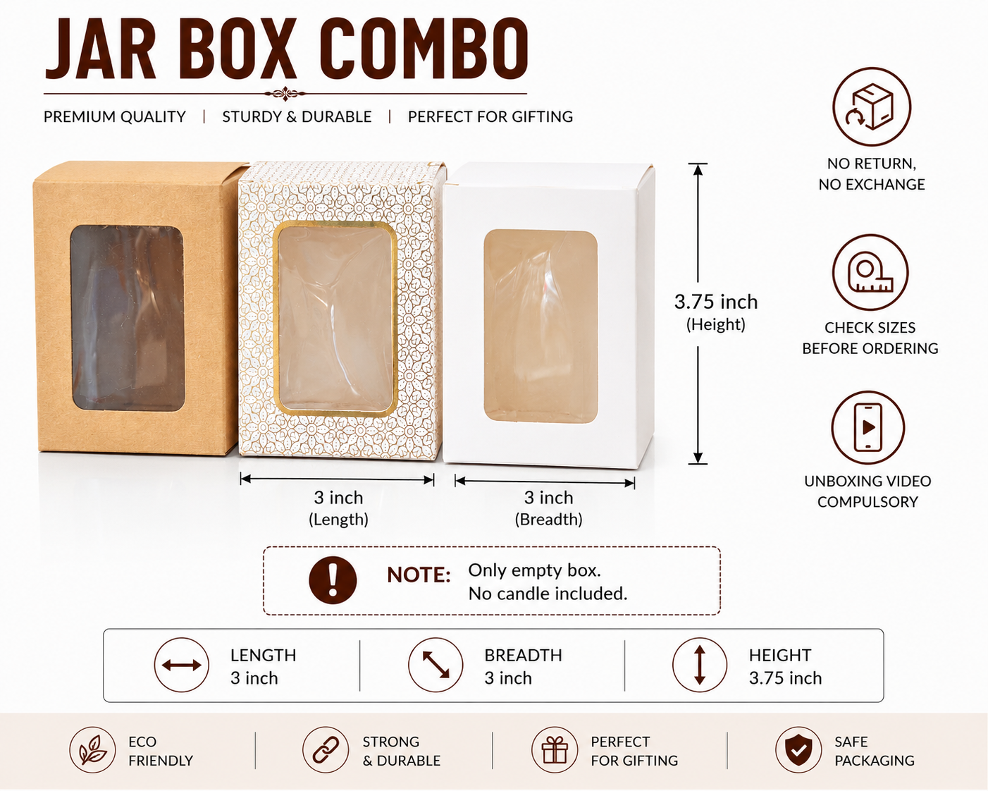 Jar Box Combo | 10 pcs Brown, 10 pcs White, 10 pcs designer box | 3x3x3.75 inch