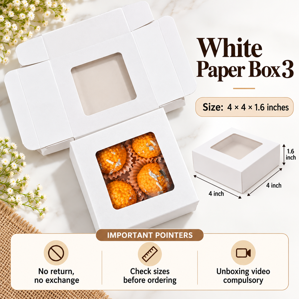 White Paper Box 3: 4 in 1 Ladoo Paper Box | Peony Candle Box | 3.5 Inch Urli Box| 4x4x1.6 inch