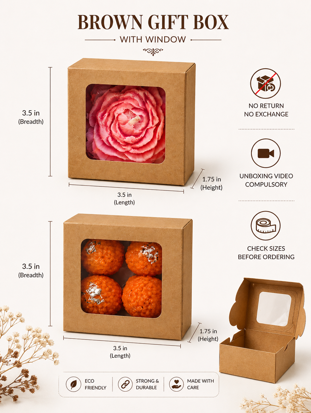 Brownie Brown Box | Peony Box | 4 Ladoo Box | 3.5x3.5x1.75 inch