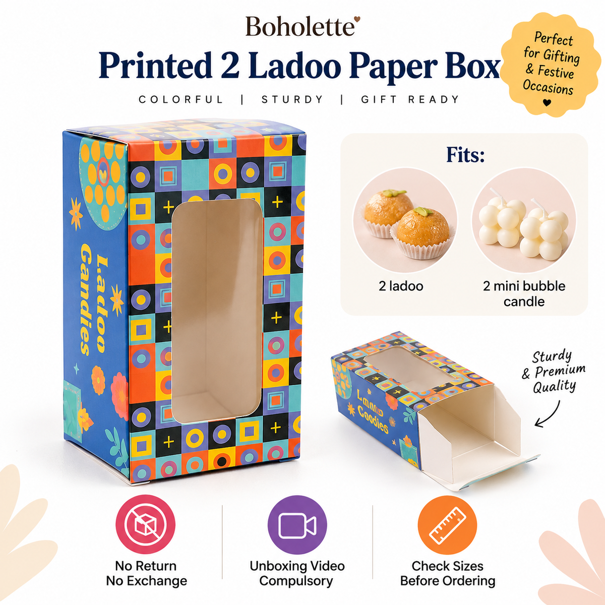 2 Ladoo Printed Box | 3.54x1.97x1.57 inch