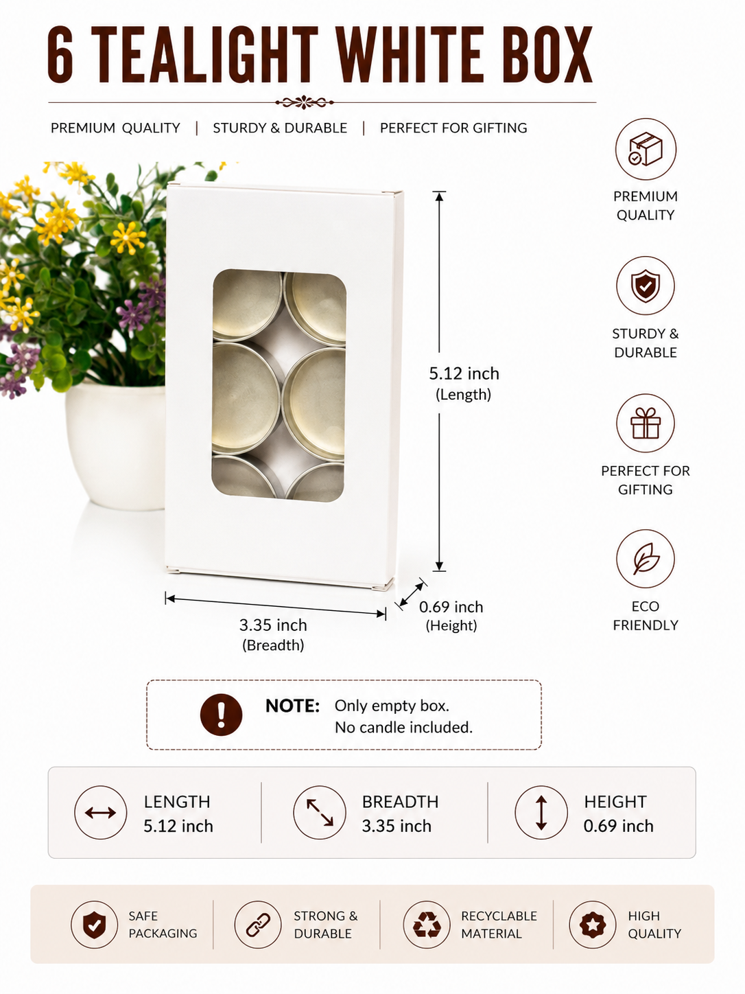 6 pc T-Light Box | White Tealight Box | 6 pcs White Tlight Box | 5.12×3.35×0.69 inches
