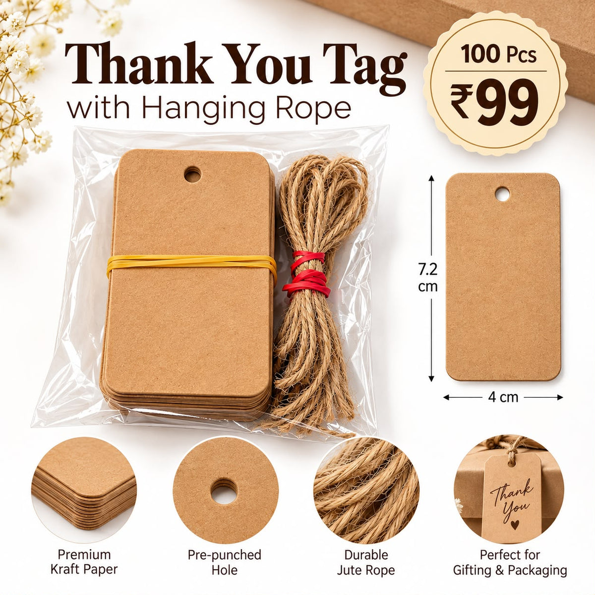 Thank You Tag With Rope | 7.2x4 cm| Pack of 100 pcs