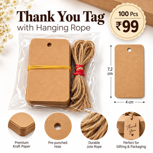 Thank You Tag With Rope | 7.2x4 cm| Pack of 100 pcs