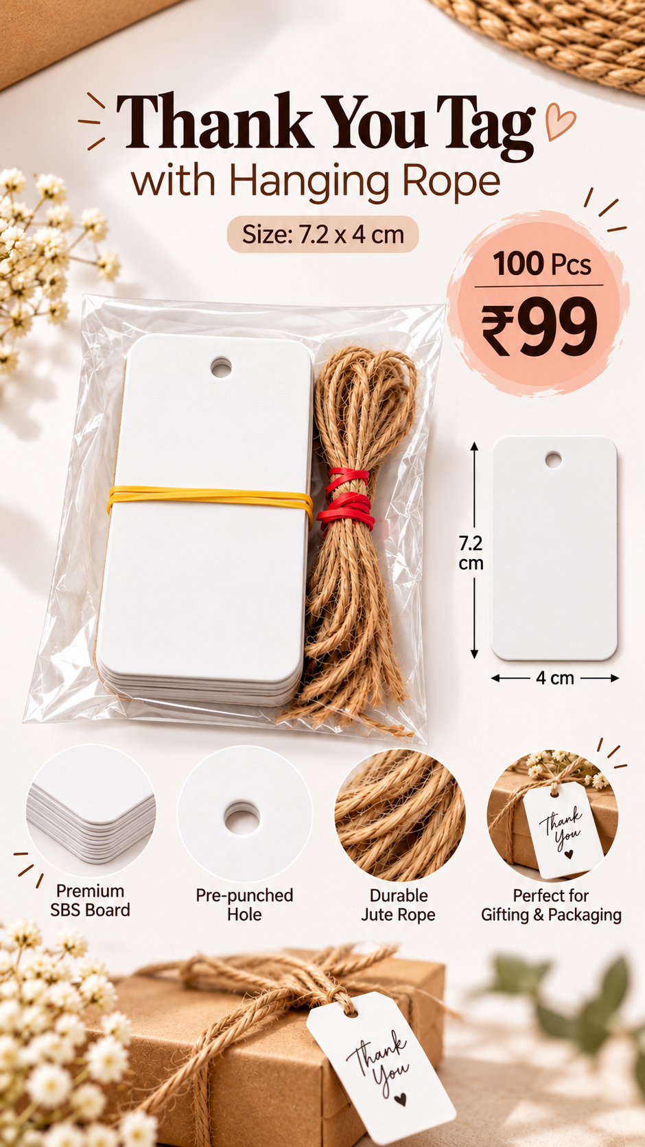 Thank You Tag With Rope | 7.2x4 cm| Pack of 100 pcs