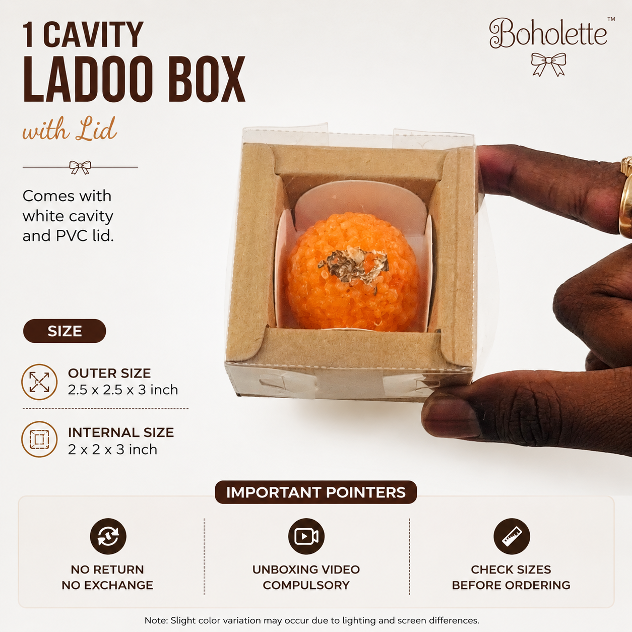 Brown 1 Cavity Ladoo Box | White Cavity + PVC Lid included